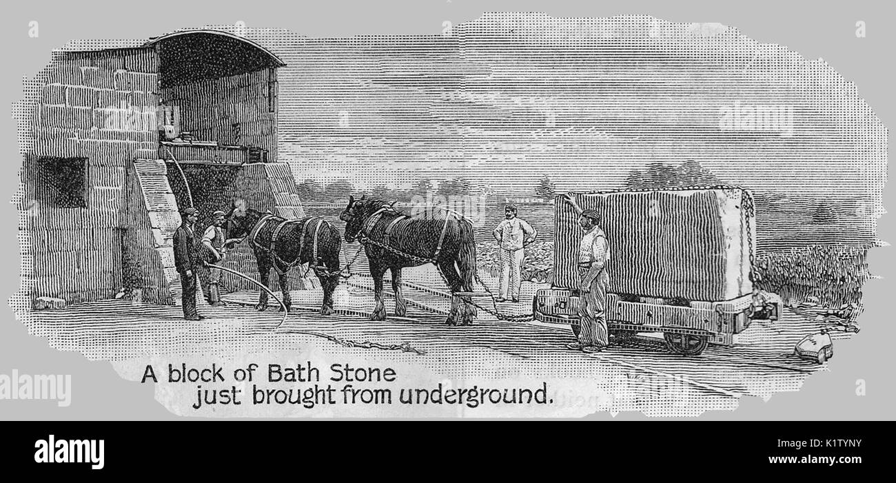 Badewanne aus Stein - Transport von einen Steinblock aus dem Steinbruch mit einem Pferd gezogen Warenkorb Stockfoto