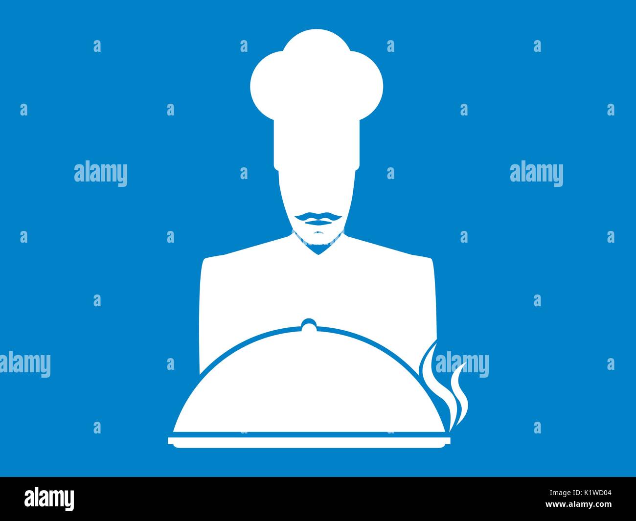 Kochen. Mustachioed Küchenchef mit einem Teller Symbol auf blauem Hintergrund. Vector Illustration Stock Vektor