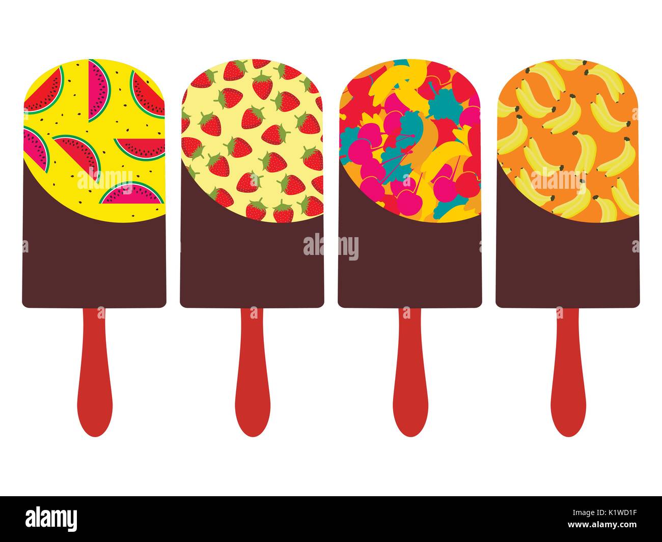 Obst Eis. Eis auf einem Stick mit dem Geschmack von Erdbeeren, Wassermelonen, Bananen. Vector Illustration Stock Vektor
