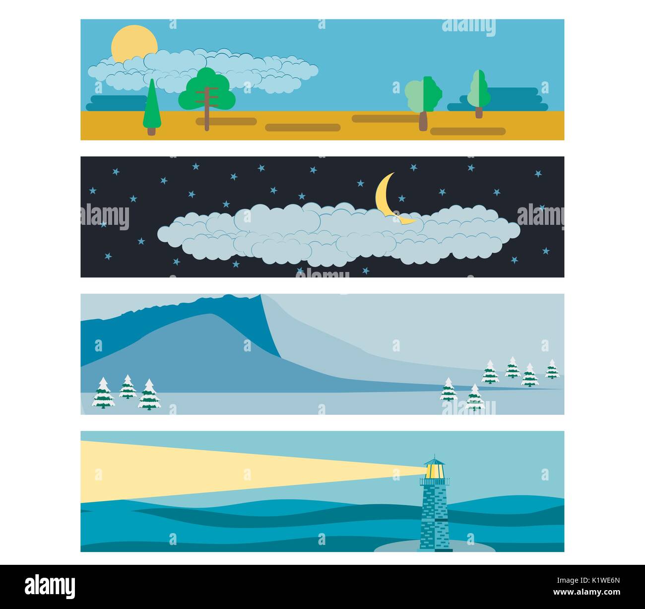 In einer flachen Landschaft Stil. Schneebedeckte Berge, ein Leuchtturm im Meer, Tag und Nacht. Vector Illustration. Stock Vektor