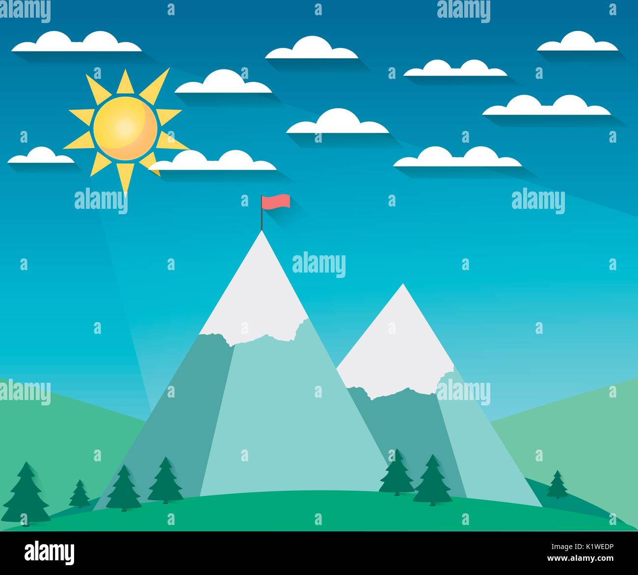 Landschaft in einem flachen Stil mit Sonne, Wolken und Berge. Die Fahne an der Spitze. Schneebedeckte Berge. Der lange Schatten. Vector Illustration eines Sonnenaufgangs. Stock Vektor