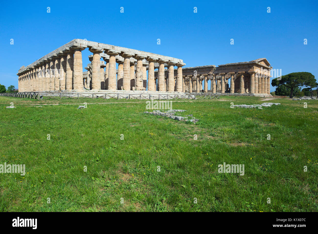Die Tempel der Hera und Neptun Archäologische Stätte von Paestum. Stockfoto
