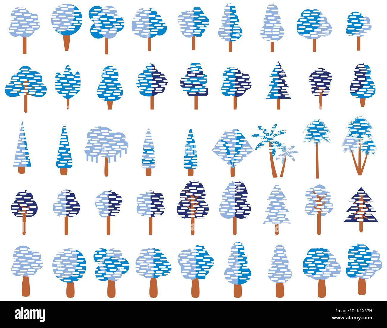Flache Bäume im Schnee in flacher Ausführung. Winter Bäume auf einem weißen Hintergrund. Vector Icons. Stock Vektor