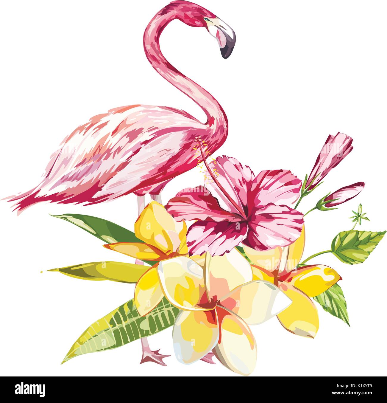 Flamingo mit tropischen Blumen. Element für die Gestaltung von Einladungen, Filmplakate, Stoffen und anderen Objekten. Auf weiß isoliert. Vector EPS 10. Stock Vektor