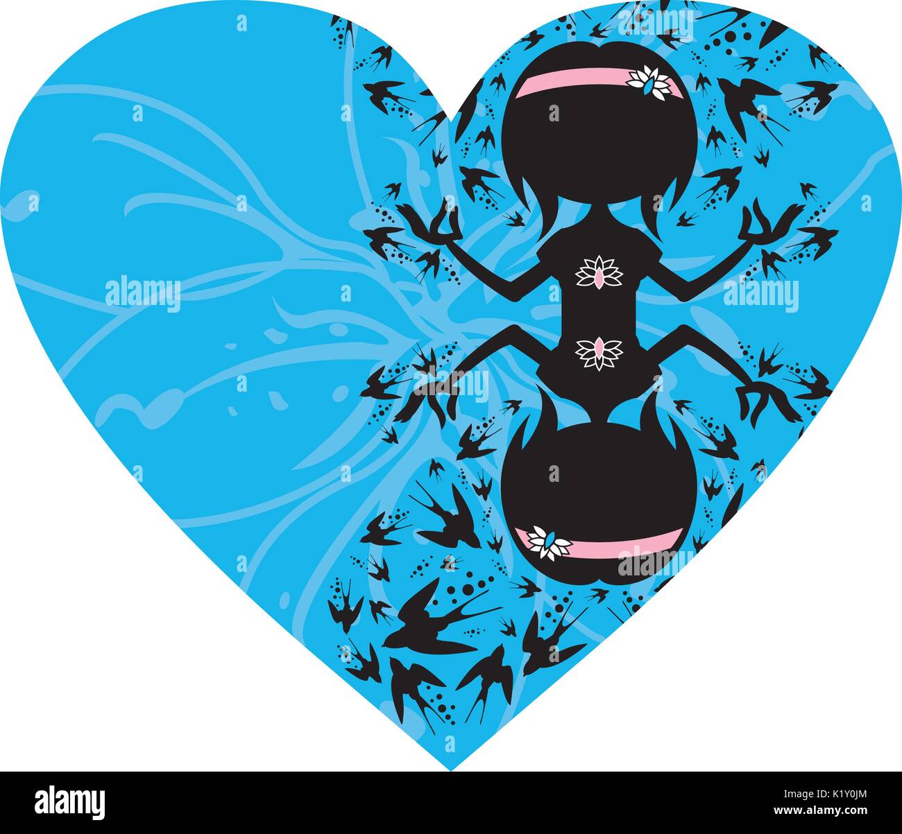 Cute Cartoon Yoga Girl Silhouette in Herz mit Schwalben Stock Vektor