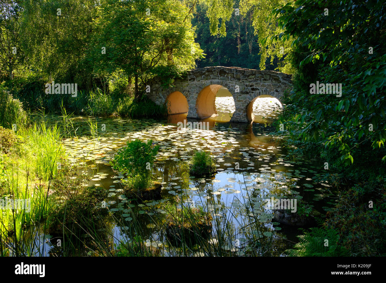 Brücke im Schlosspark Dennenlohe Dennenlohe, in der Nähe von Unterschwaningen, Fränkisches Seenland, Mittelfranken, Franken Stockfoto