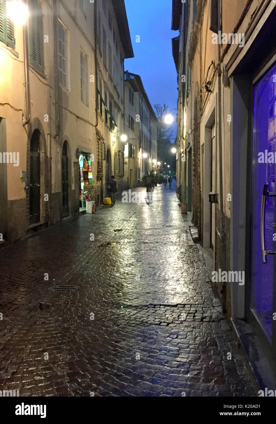 Nasse Straße bei Nacht in Lucca, Italien, 2017. Stockfoto