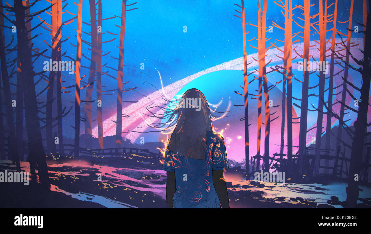Frau, die alleine im Wald mit der fiktiven Planeten, Hintergrund, digital art Stil, Illustration Malerei Stockfoto