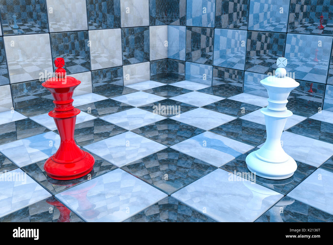 3D-Illustration: Zwei Schachfiguren auf dem Spielfeld. Rote und weiße Könige stehen einander gegenüber. Die Konfrontation. Warten auf den Beginn der Schlacht Stockfoto