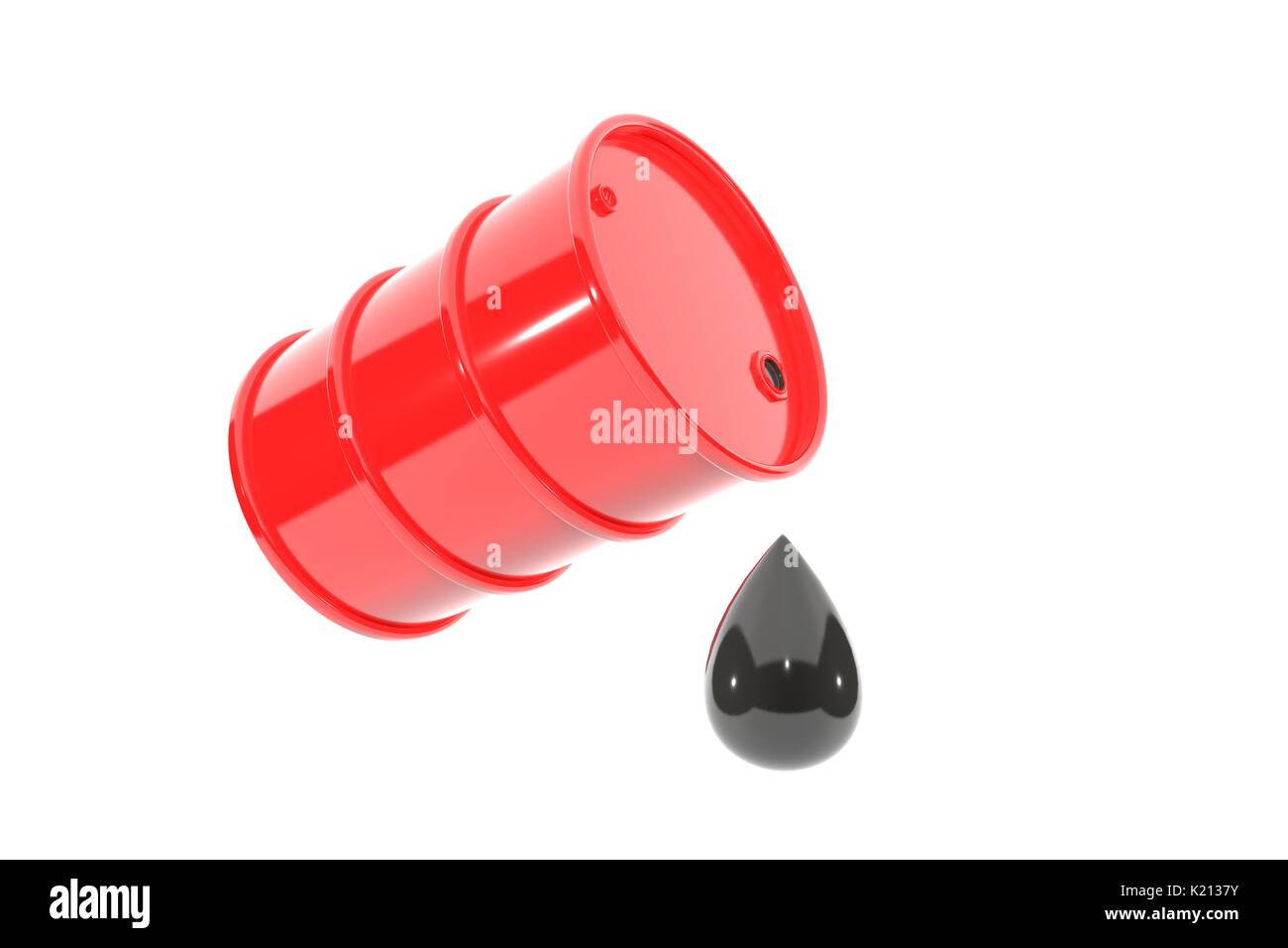 3D-Illustration: rote Metall Barrel Benzin mit einem riesigen Tropfen Öl tropft. Auf weißem Hintergrund mit leeren Raum für Text isoliert. Stockfoto