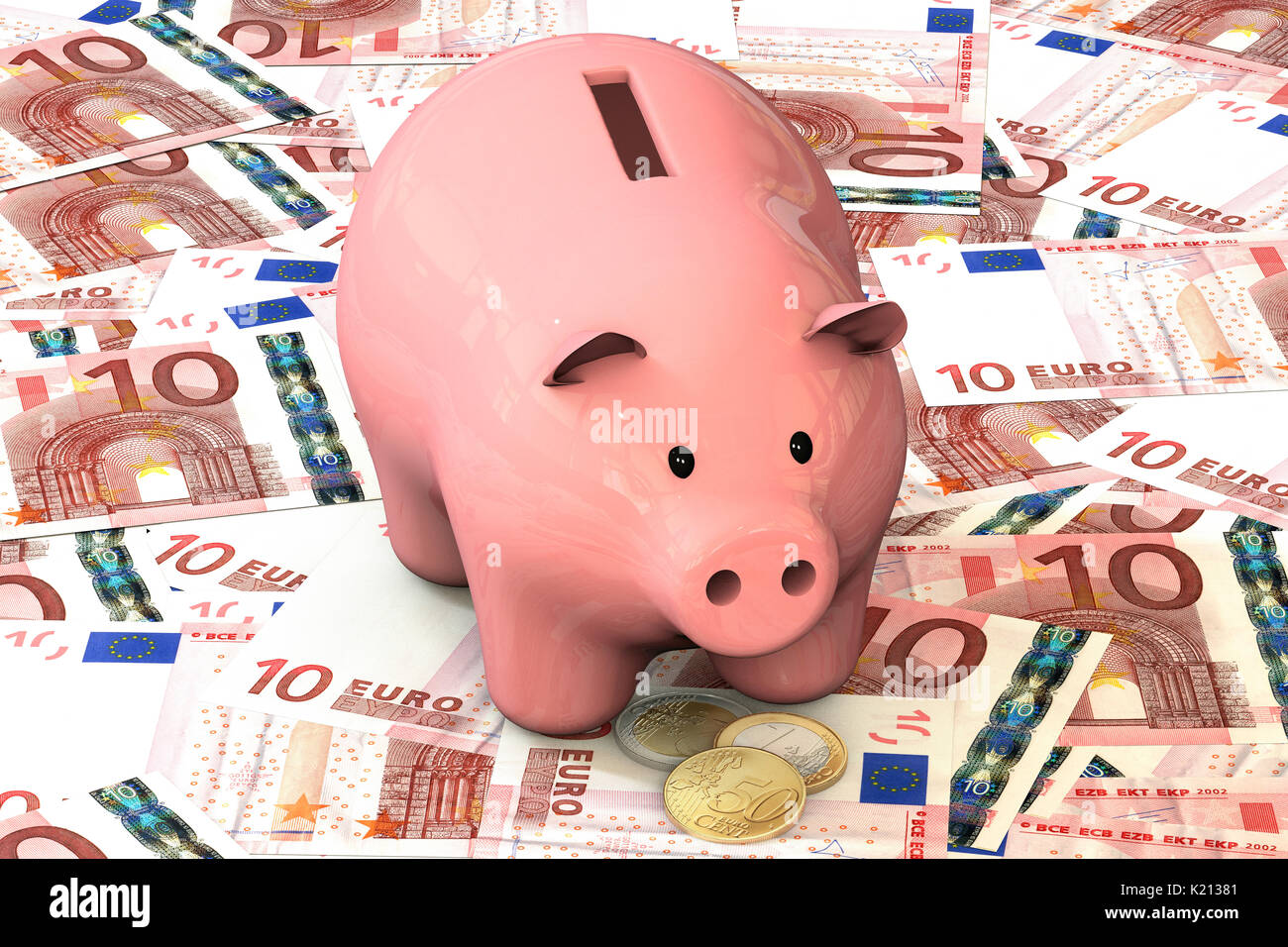 3D-Illustration: rosa Sparschwein mit Kupfer Münze Cent liegen auf dem Hintergrund der Banknote 10 Euro, Europäische Union. Geld. Banking business Konzept. Stockfoto