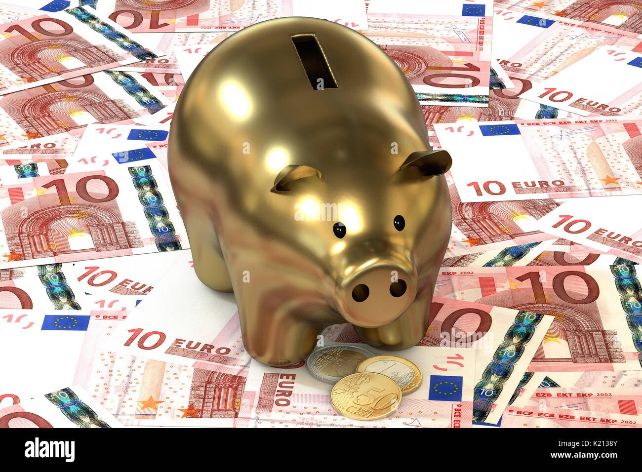 3D-Illustration: Goldene Sparschwein mit Kupfer Münze Cent liegen auf dem Hintergrund der Banknote 10 Euro, Europäische Union. Geld. Banking business Konzept. Stockfoto