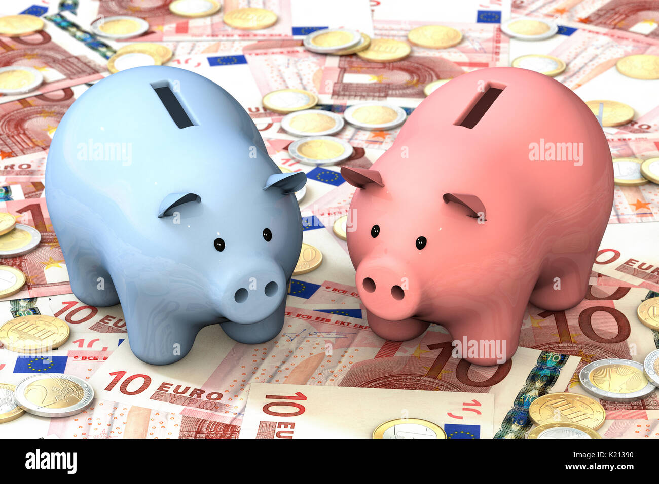 3D-Illustration: blau und rosa Sparschwein mit Kupfer Münzen Cent liegen auf dem Hintergrund der Banknote 10 Euro. Banking business Konzept. Investitionen, Stockfoto