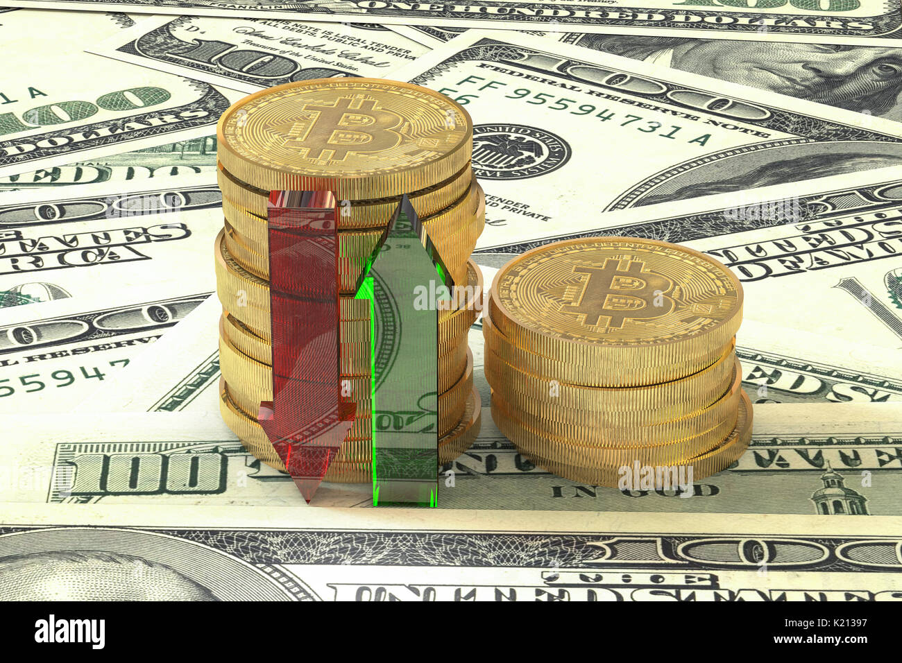 3D-Illustration: Stapel von goldenen bitcoins Münzen auf Banknoten des us-Dollars. Geld. Transparentes Glas Pfeile grün, rot. Zitate gehen nach oben und unten. Geschäft Stockfoto