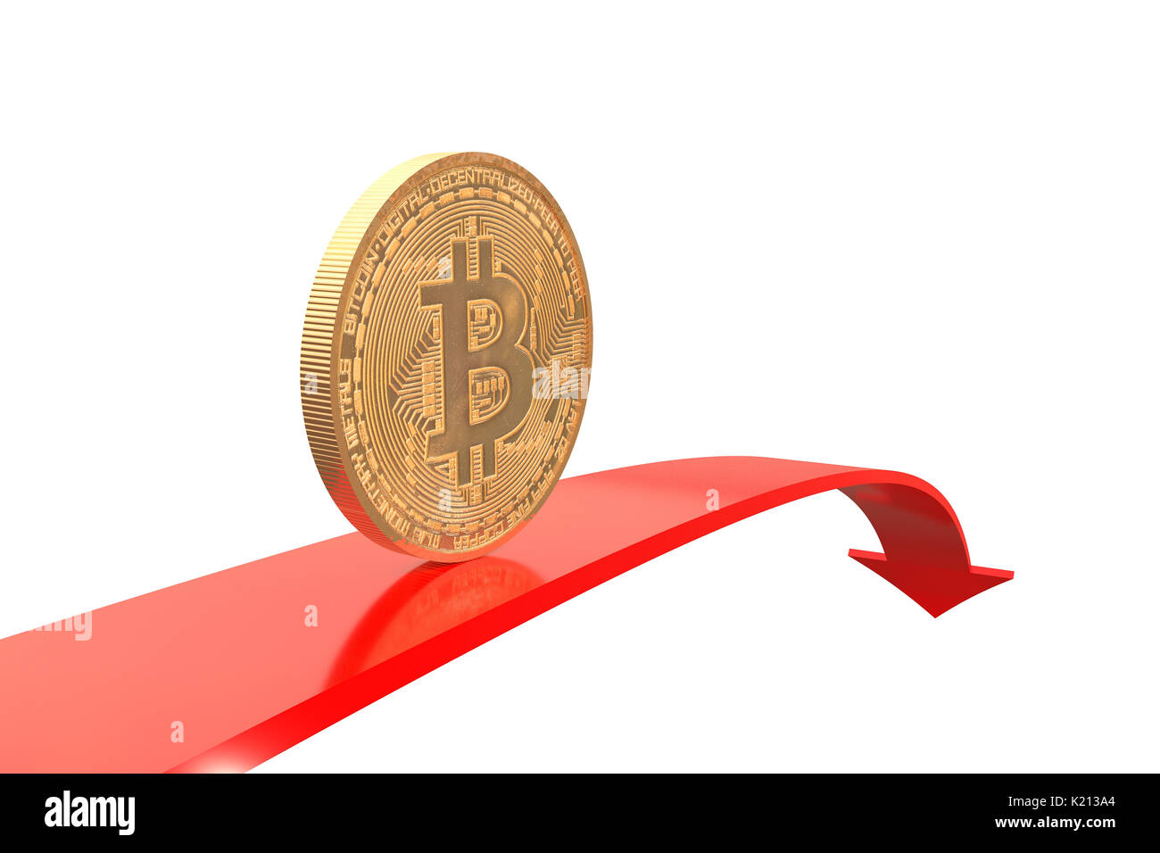 3D-Illustration: Kupfer - golden bitcoin Münze auf roter Pfeil nach unten mit reflektierenden Oberfläche auf weißem Hintergrund. Virtuelles Geld. Zitate gehen. Busines Stockfoto