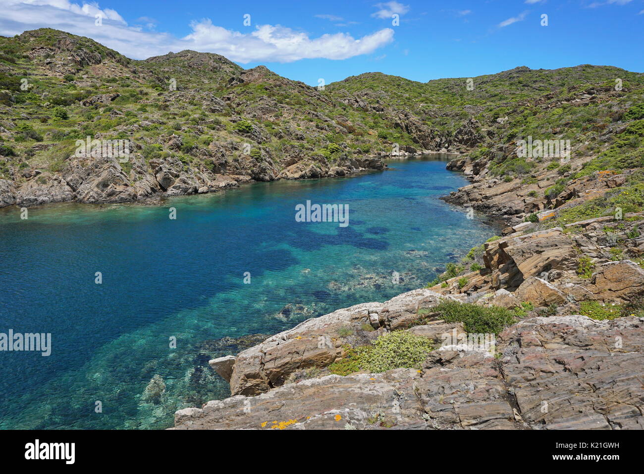 Küstenlandschaft Cala Bona Cove, Mittelmeer, Cap de Creus Natural Park, Spanien, Costa Brava, Cadaques, Katalonien Stockfoto