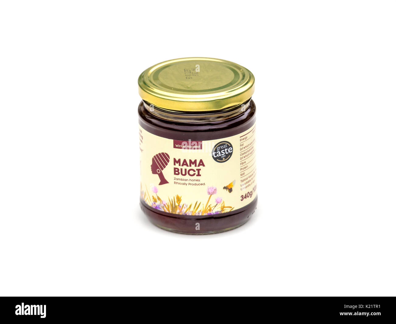 Ein Glas von MAMA BUCI sambischen Honig durch wilde afrikanische Mörderbienen in spezialisierten Filialen in Großbritannien verkauft, Stockfoto