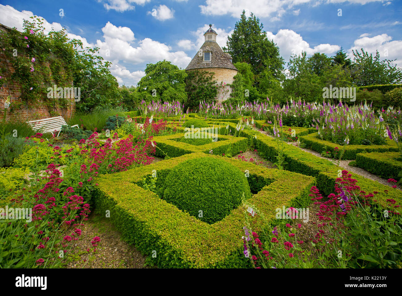 Niedrige eibe Hecken, Knot Garden, in geometrischen Design mit Massen von Pink & white Fingerhut & rot Baldrian unter blauen Himmel bei Rousham Gärten, England Stockfoto