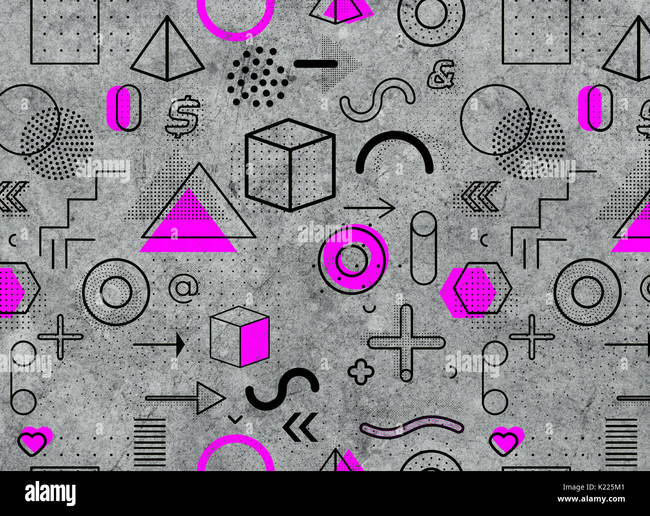 Geometrische Memphis Muster für Mode und Tapeten. Universal bunt dekorativ geometrische Formen auf schmutzige alte Hintergrund Stockfoto