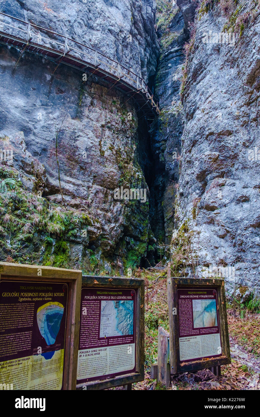 Pokljuka Schlucht in der Nähe von Bled - Galerien, die in den meisten engen Teil der Schlucht führt. Stockfoto