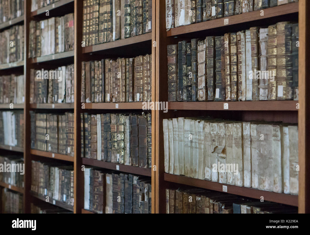 Historische Bücher aus dem 16. Jahrhundert in der Joanina Bibliothek in Coimbra, Portugal Stockfoto