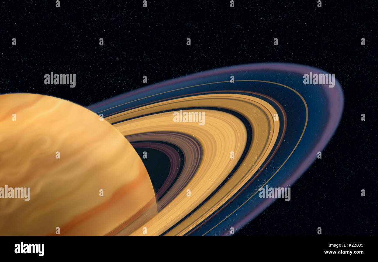Aus der Distanz, die Ringe des Saturn ähneln einer Festplatte der festen Materie. In der Tat, sie sind von vielen Bausteinen aus Eis und Staub, umkreisen den Planeten in einer chaotischen Weise gebildet. Bilder von der Voyager Sonden übernommen haben aufgedeckt, dass es Tausende von Ringe mit einer außerordentlich komplexen Struktur. Sie sind in sieben Hauptbereiche unterteilt, von A bis G. Die Cassini und Encke Geschäftsbereiche sind die dunklen Bereiche innerhalb der Ringe. Stockfoto
