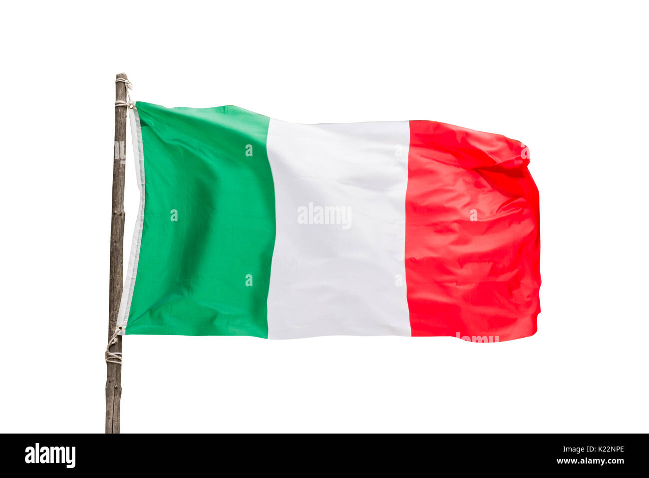 Italienische Flagge auf einem Holzstab auf weißem Hintergrund, Italien Symbol Stockfoto