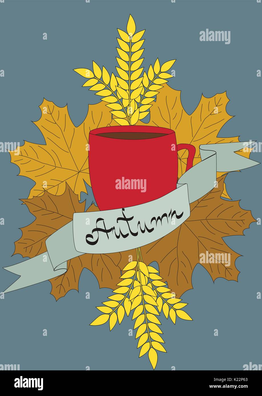 Blätter im Herbst und Tee Zusammensetzung auf einem dunklen Hintergrund Stock Vektor