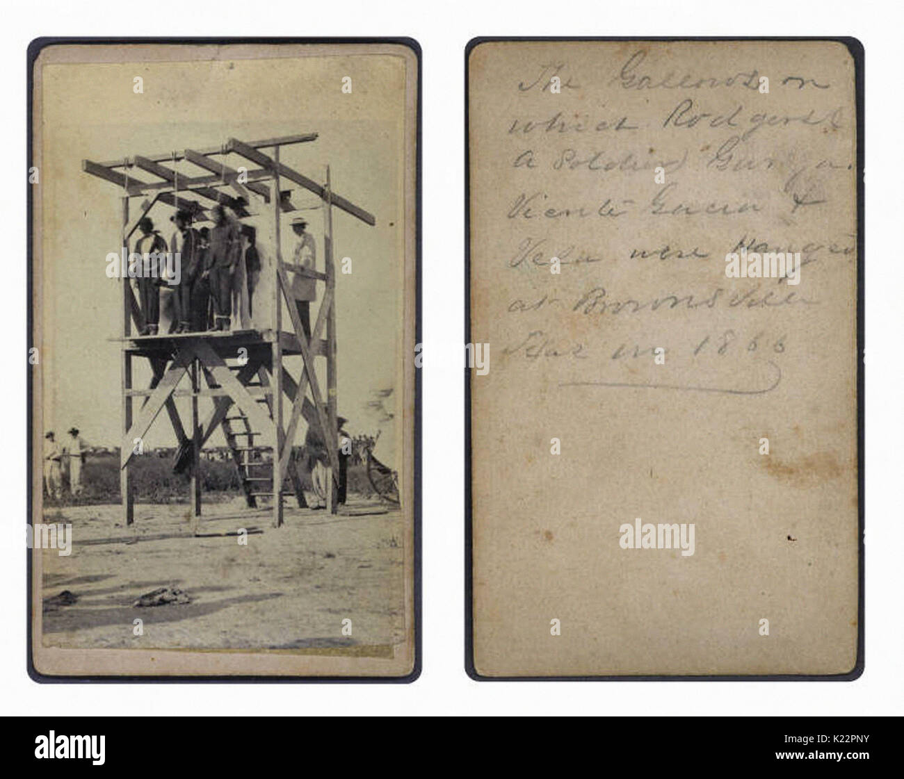 Der Galgen auf denen Rodgers (Soldat), Garza, Vicente Garcia & Vela in Brownsville, Texas im Jahre 1866 gehängt wurden Stockfoto