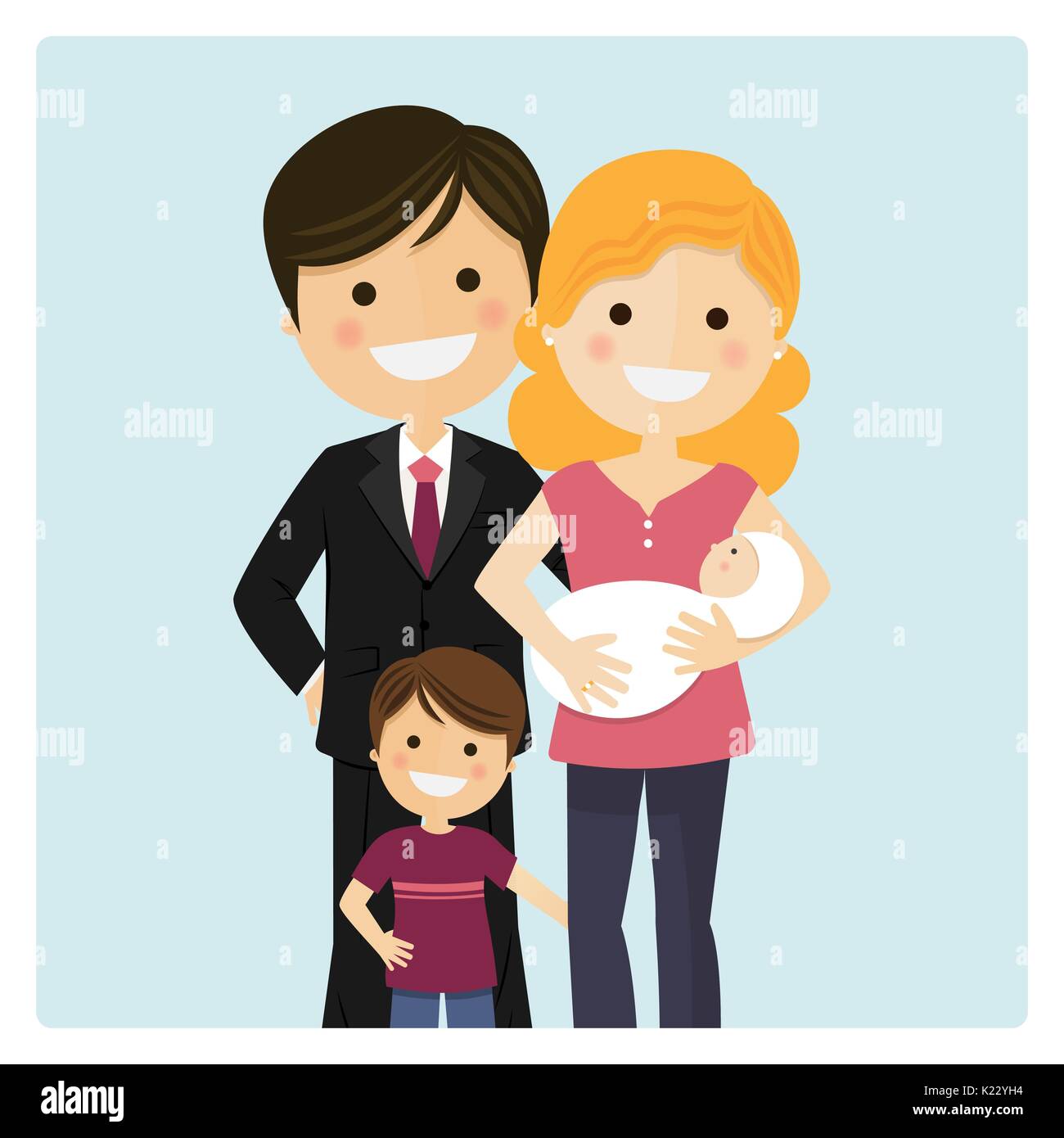 Familie mit einem Sohn und ein neugeborenes Baby auf blauem Hintergrund. Vector Illustration Stock Vektor