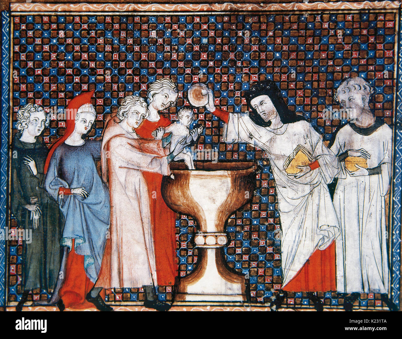 Das Sakrament der Taufe. Miniatur, 14. Vertrag von Hingabe. Schloss von Chantilly. Frankreich. Stockfoto