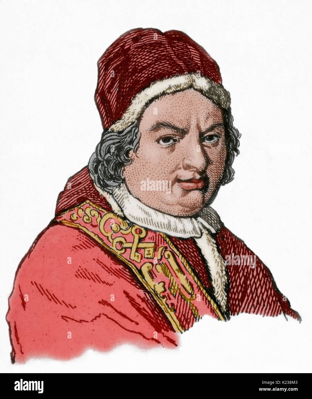 Benedikt XIV (1675-1758). Italienische Papst (1740-1758), Lorenzo geboren Prospero Lambertini. Porträt. Gravur. Gefärbt. Stockfoto