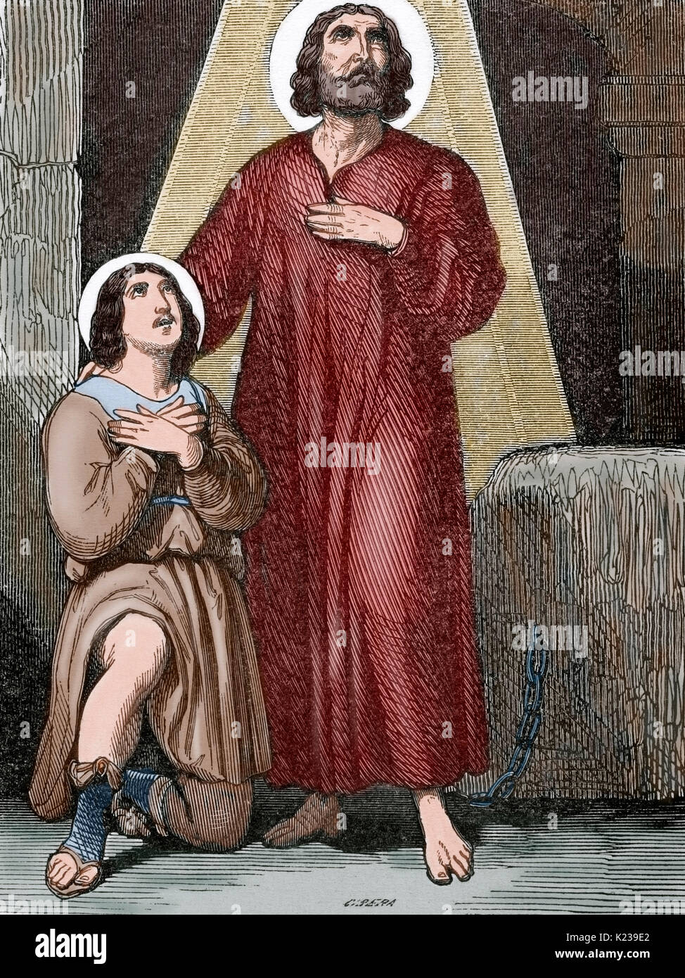 Saint Valentine. Wie der Heilige Valentin von Terni bekannt. Römischen Heiligen. 3. Jahrhundert. Er wird am 14. Februar und mit einer Tradition der Liebe seit dem Mittelalter verbunden. Porträt. Gravur. Gefärbt. Stockfoto