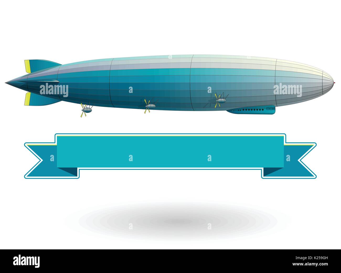 Legendären riesigen Zeppelin Luftschiff gefüllt mit Wasserstoff. Blau stilisierte fliegen Ballon. Big lenkbar, Propeller und Ruder. Lange vektor Zeppelin. Stock Vektor