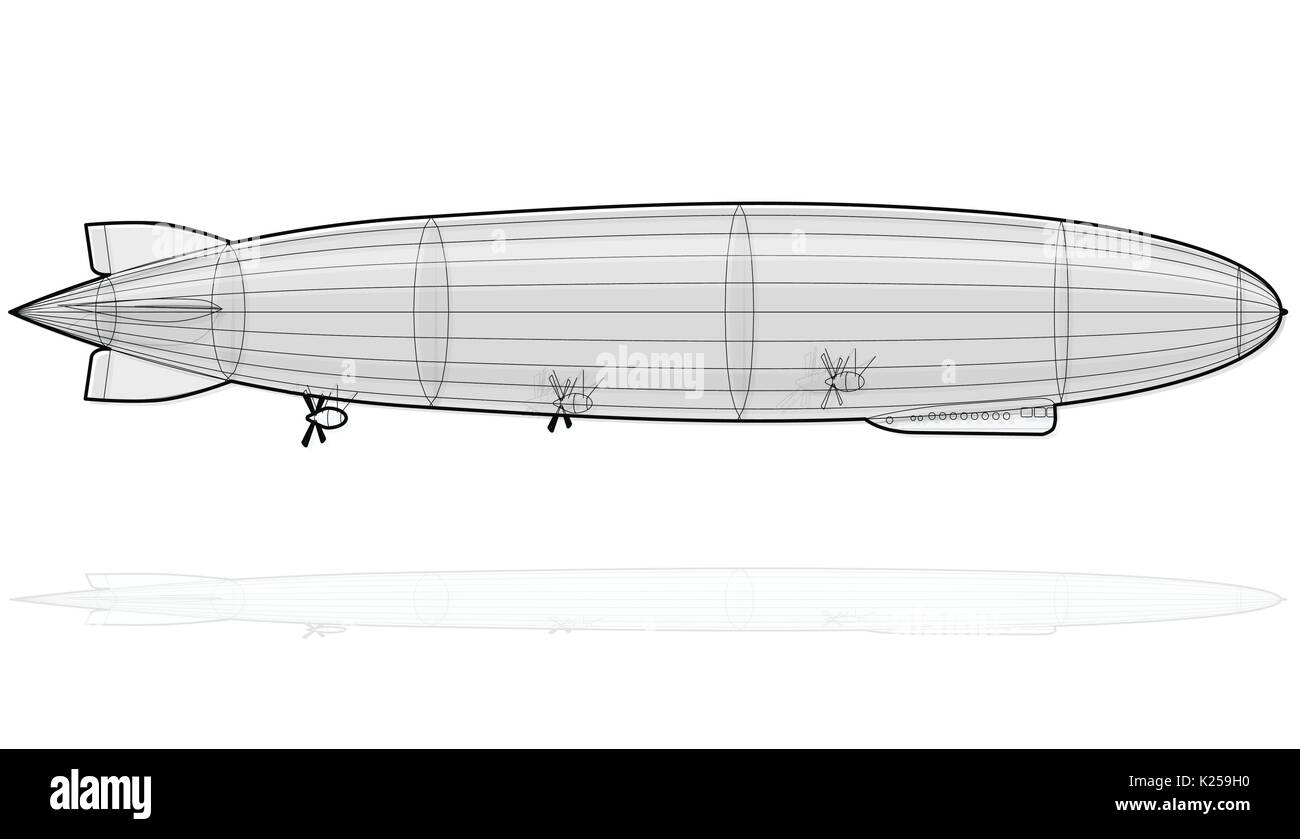 Legendären riesigen Zeppelin Luftschiff gefüllt mit Wasserstoff. Umrissen flying stilisierte Ballon. Big lenkbar, Propeller, Ruder. Lange vektor Zeppelin. Stock Vektor