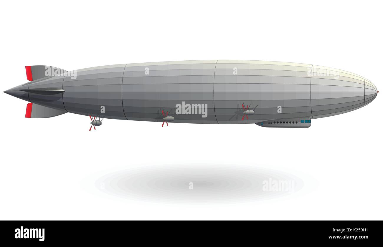 Legendären riesigen Zeppelin Luftschiff gefüllt mit Wasserstoff. Stilisierte fliegen Ballon. Big lenkbar mit Propeller und Ruder. Lange vektor Zeppelin. Stock Vektor