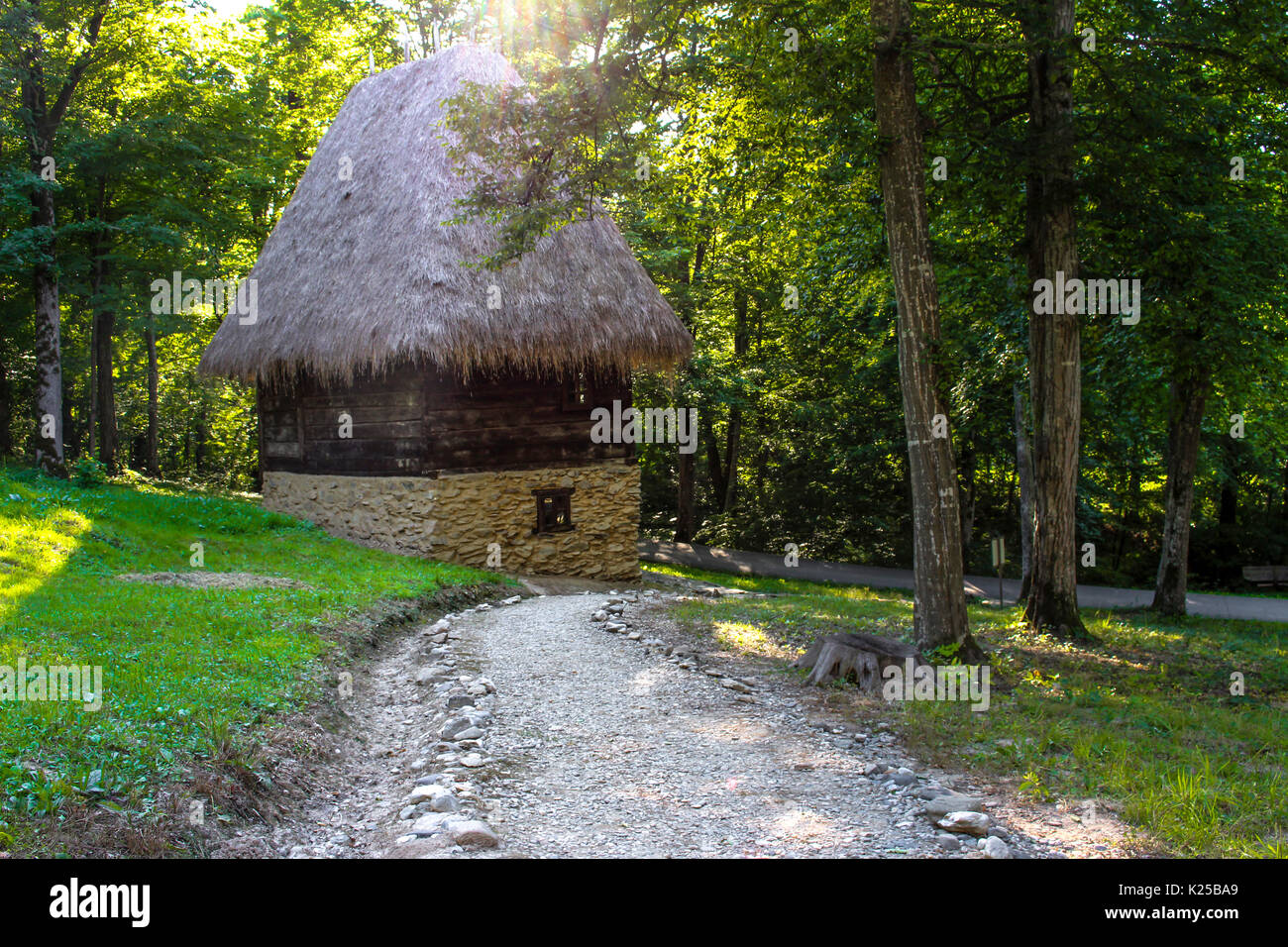 Traditionelle, rustikale rumänischen Haus mit Strohdach Stockfoto