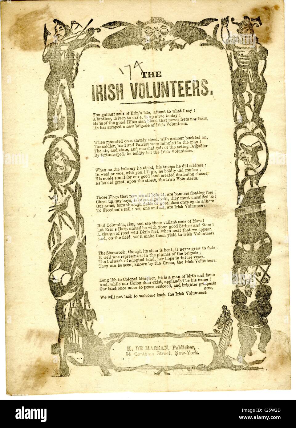 Breitseite aus dem amerikanischen Bürgerkrieg, der den Titel "der Irish Volunteers", lobte den Mut und die Entschlossenheit der irischen Brigade, 69th Infanterie Einheit von New York, New York City, New York, 1863. Stockfoto