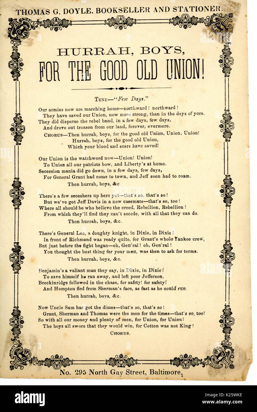 Breitseite aus dem Amerikanischen Bürgerkrieg mit dem Titel "Hurra, Jungen, für die guten alten Union!" und feiert den Sieg der Union Armee und die Soldaten nach Hause zurückkehren, Baltimore, Maryland, 1865. Stockfoto