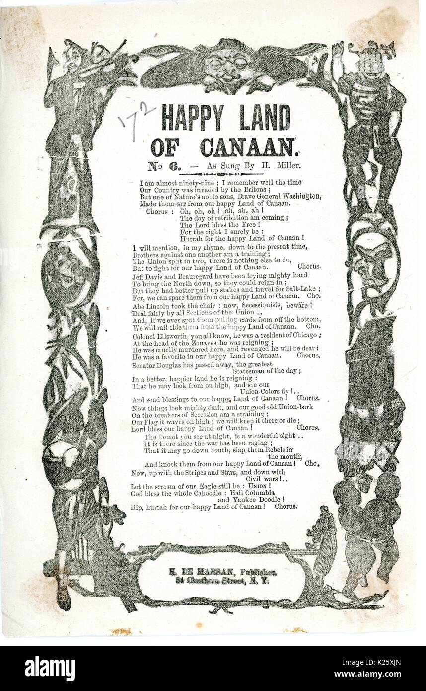 Breitseite aus dem Amerikanischen Bürgerkrieg mit dem Titel "Happy Land Kanaan" und pries die Union und ihre politische und militärische Beamte, New York City, New York, 1863. Stockfoto