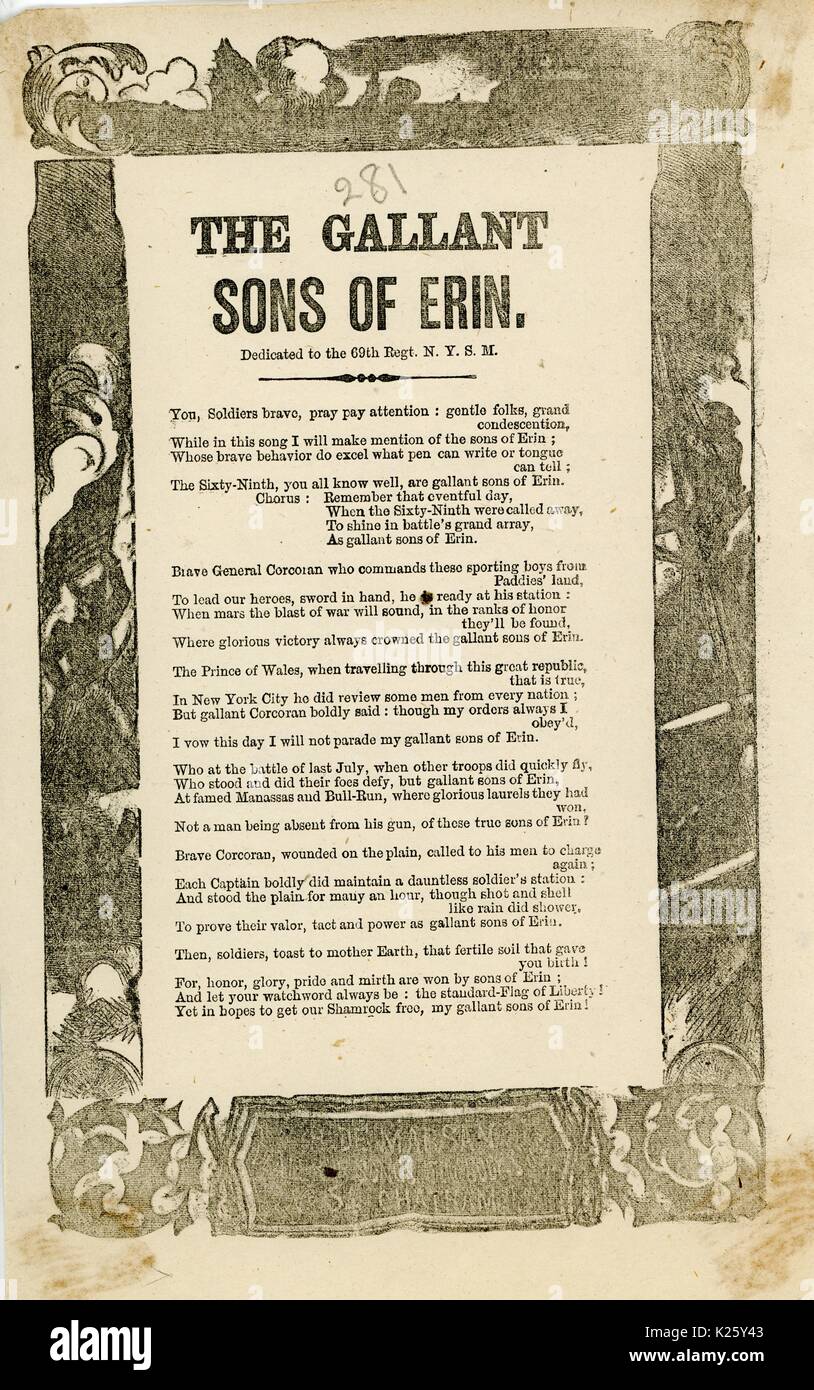 Breitseite aus dem Amerikanischen Bürgerkrieg mit dem Titel "Die tapfere Söhne von Erin", pries 69. Der Union Army Regiments, New York, New York, 1863. Stockfoto