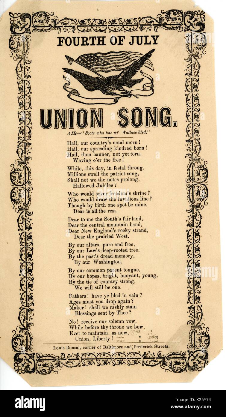 Breitseite aus dem Amerikanischen Bürgerkrieg mit dem Titel "4. Juli Union Song', lobt Amerika und behauptet, dass Freiheit siegen wird und die Staaten united nach einem Sieg der Union, 1863. Stockfoto