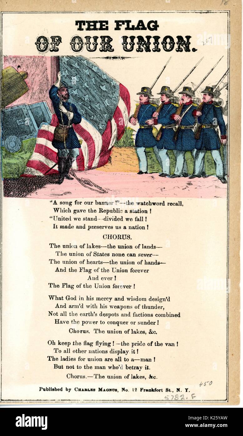 Breitseite aus dem Amerikanischen Bürgerkrieg mit dem Titel "Die Fahne unserer Union" und pries die Union Flag, New York City, New York, 1863. Stockfoto