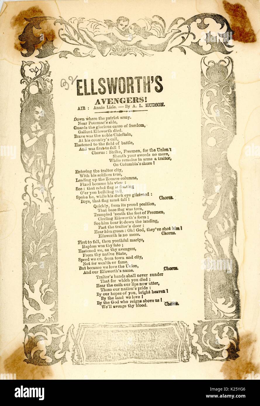 Breitseite aus dem Amerikanischen Bürgerkrieg mit dem Titel "Ellsworth's Avengers!', beschreibt die Tötung von Verrätern, New York, New York, 1863. Stockfoto