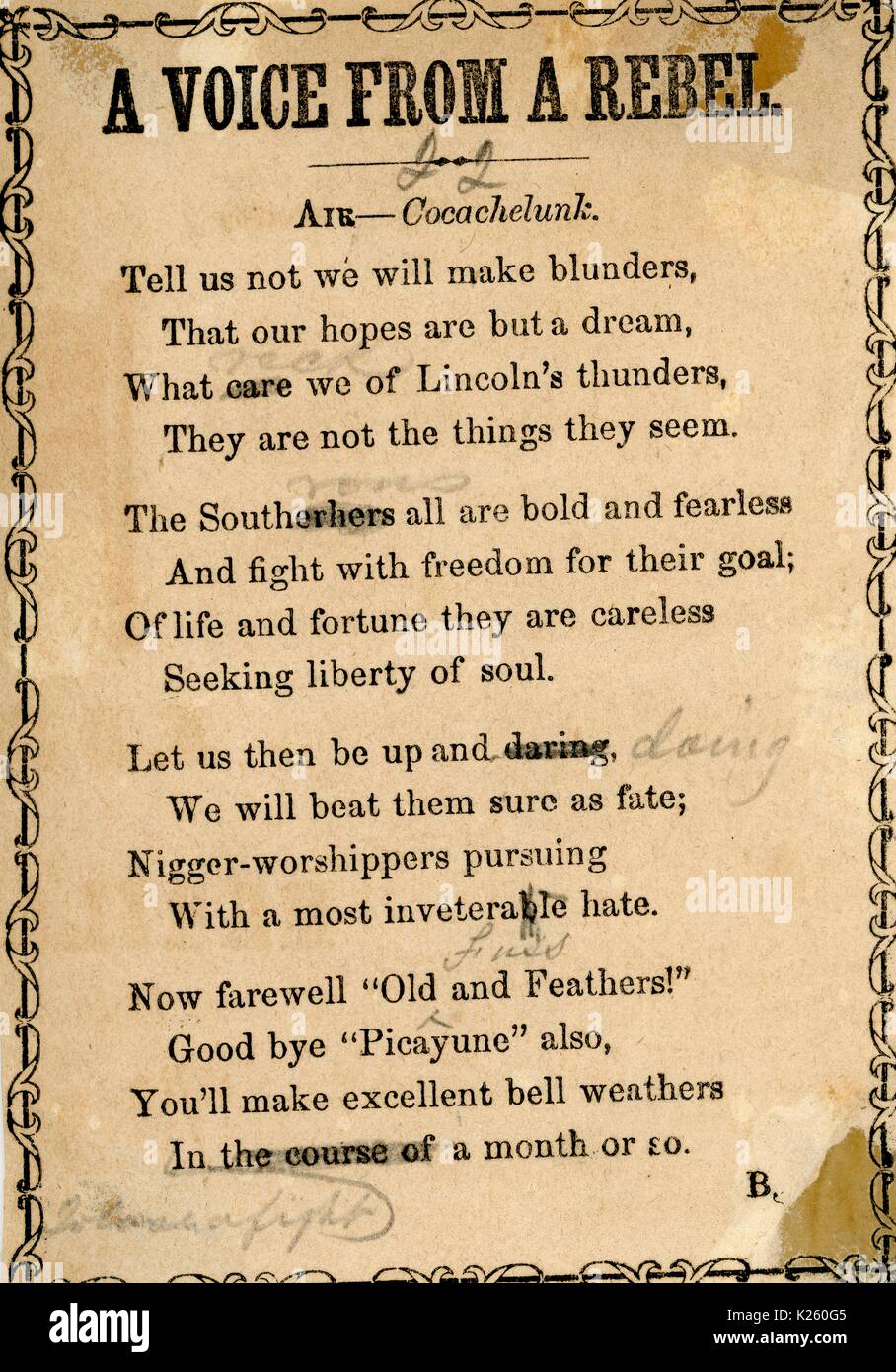 Breitseite aus dem Amerikanischen Bürgerkrieg mit dem Titel "eine Stimme von einem Rebellen", pries Verbündete Soldaten und behaupten, dass sie die Niederlage der Union Army, 1863. Stockfoto