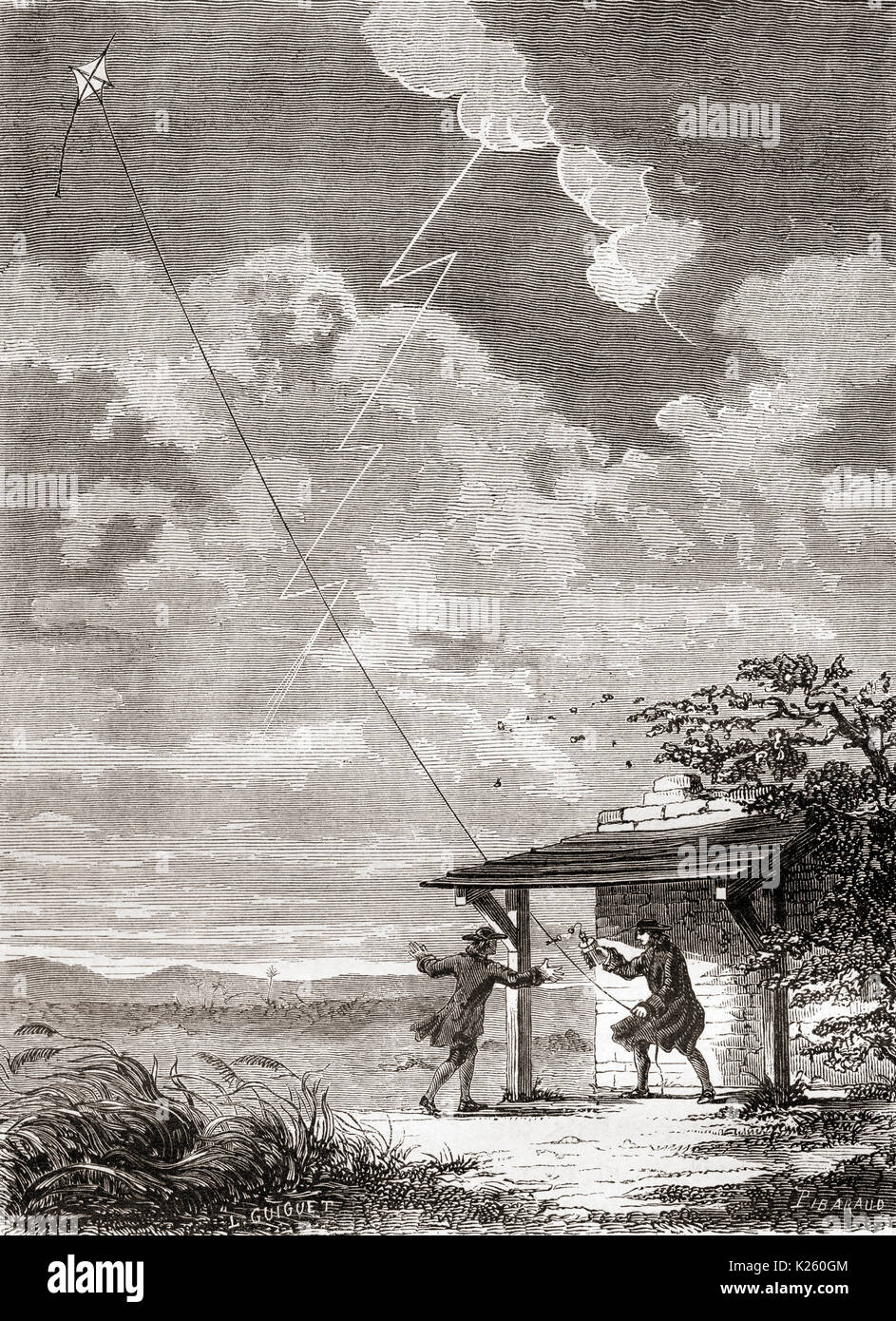 Benjamin Franklin (1706-1790) und sein Sohn William, ihre berühmte Experiment am 15. Juni 1752, Flying a Kite in einem Gewitter. Ein metall draht auf dem Kite zog ein Blitzschlag und Strom nach unten, um die Zeichenfolge in ein Floß, das Aufladen eines Leyden jar (Kondensator) in der Nähe von Franklin's Hand gesehen. Dieses Experiment bewiesen, dass der Blitz ein elektrisches Phänomen war, und unterstützte Franklin's Erfindung von Blitzableitern. Von Les merveilles de la Science, veröffentlicht 1870. Stockfoto