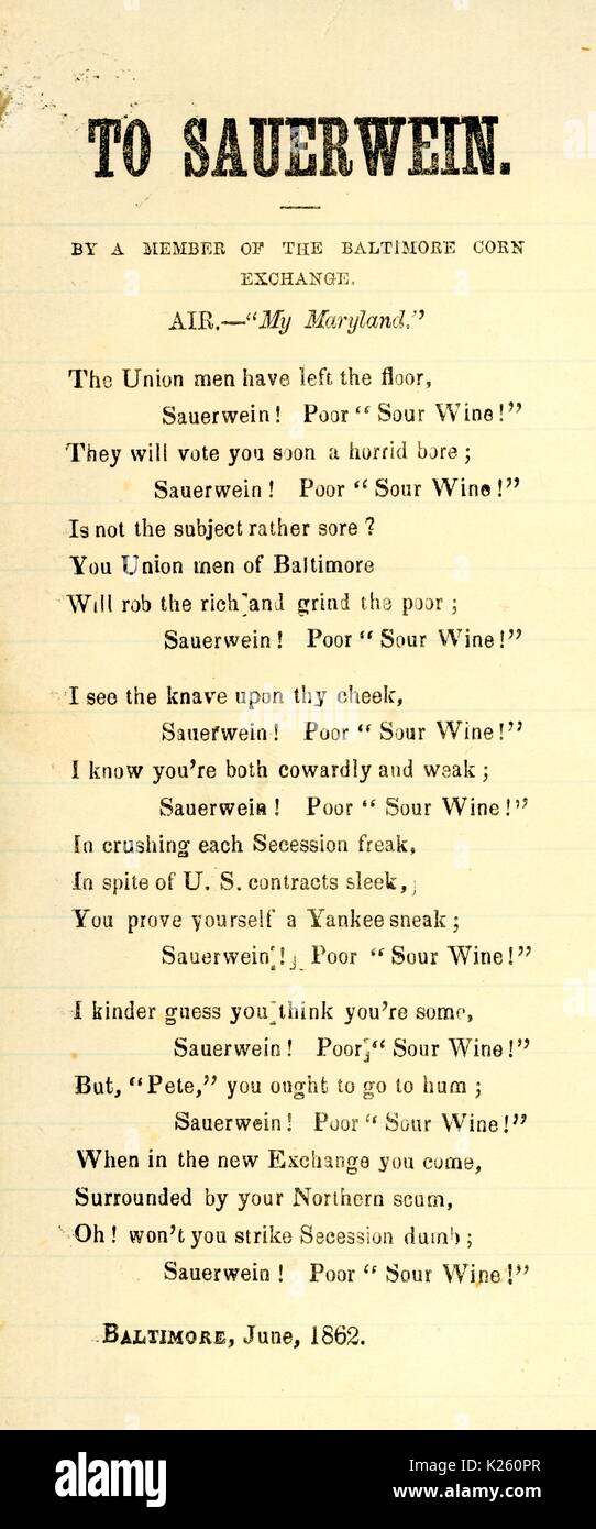 Breitseite aus dem Amerikanischen Bürgerkrieg mit dem Titel "Zu Sauerwein', droht Union Männer, die in Baltimore, Maryland, 1862 leben. Stockfoto