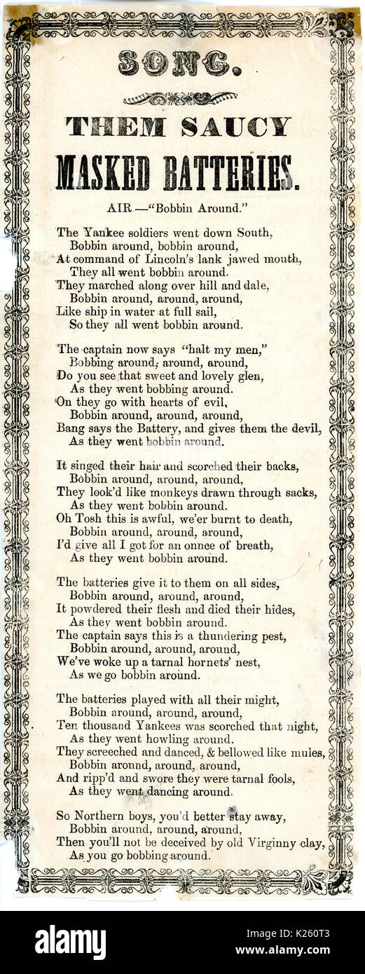 Breitseite aus dem Amerikanischen Bürgerkrieg mit dem Titel "Sie frech Maskierte Batterien", beschreibt den Schmerz der Confederate States Army auf Union Soldaten, 1863 zugefügt hat. Stockfoto
