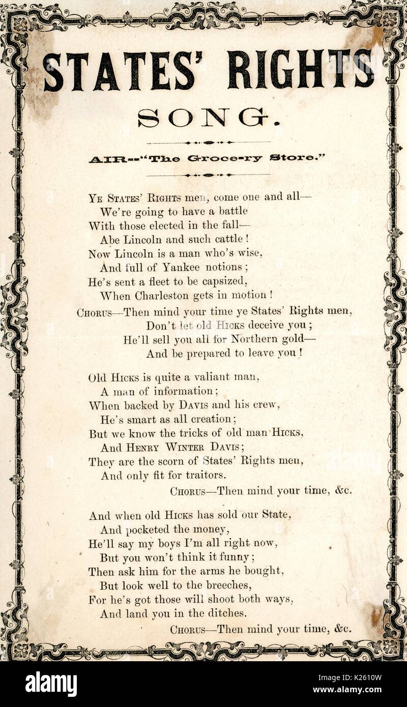 Breitseite aus dem amerikanischen Bürgerkrieg, mit dem Titel 'States' Rechte Song, 'Feiern Recht zwar Verachtung für Maryland Gouverneur Thomas H Hicks, die Sezession des Staates aus der Union, 1861 verhindert. Stockfoto