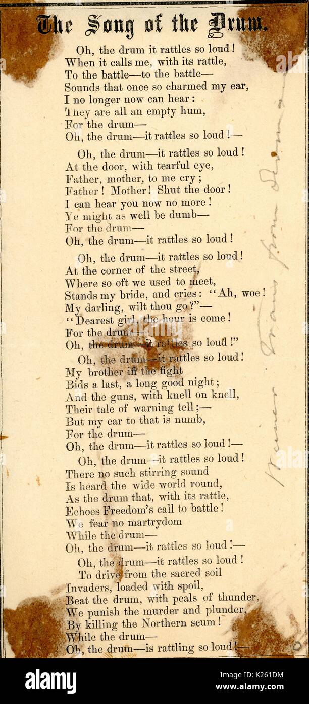 Breitseite aus dem amerikanischen Bürgerkrieg, der den Titel "Das Lied von der Trommel, "a Confederate Battle Song in der Faszination der Klang einer Trommel, 1861 rezitieren. Stockfoto